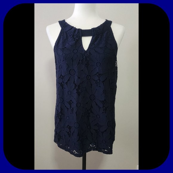 INC || Dark Blue Sleeveless Floral Lace Top (SIZE L) - Picture 1 of 5